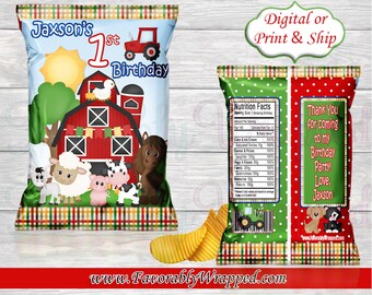 May include: Red, green, and white chip bag with a farm theme. The bag features a red barn, a tractor, a sun, and farm animals. The text on the bag reads "Jaxson's 1st Birthday".