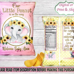 Sunflower Elephant Chip Bag-Our Little Peanut Baby Shower-Baby Elephant Baby Shower-Elephant Baby Shower-Our little Peanut Chip Bag