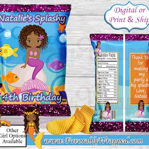Mermaid Birthday Chip Bag-Mermaid Chip Bag -Chip Bag Labels- African American-Mermaid Birthday- Mermaid Party-Splish Splash Birthday