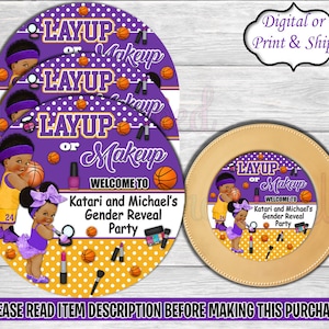 Layup or Makeup Charger Insert-Layup or Makeup Gender Reveal Party-Free Throws or Pink Bows Chip Bag-Free Throws or Purple Bows Chip Bag