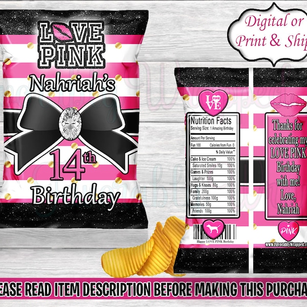 Victoria Secret Pink Chip Bag-VS Pink Birthday-VS Pink Party-Victoria Secret Sweet 16-Chip Bag-Favor Bags-Pink Party-Pink Birthday