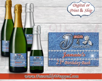Denim und Diamanten 21. Geburtstag Champagner Etiketten-Denim Etiketten-Denim und Diamanten-21. Geburtstag-Champagner Etiketten-Denim Party-50. Geburtstag