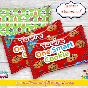 May include: Red and white cookie packaging with the text "You're One Smart Cookie" and a back to school theme. The packaging is decorated with chocolate chips and a school bus graphic.