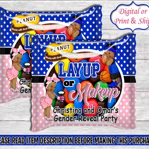 Layup or Makeup Mini MM Candy Wrapper-Layup or Makeup Chip Bag-Free Throws or Pink Bow Gender Reveal Chip Bag-Layup or Makeup Gender Reveal
