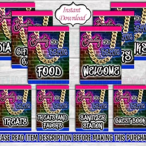 以下が含まれることがあります： グラフィティスタイルのデザインの、印刷可能なパーティーサインのコレクション。各サインには、金のチェーンのグラフィックとともに「Beauty or Beats」のテキストが表示されています。サインは、食べ物、歓迎、おやつなどのためにラベル付けされています。