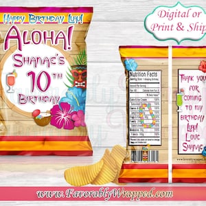 Aloha Chip Bag-Hawaiian Chip Bag-Luau Chip Bag-Luau Party-Aloha Party-Luau Birthday-Hawaiian Birthday Party-Tropical Birthday-Tropical Party