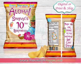 Aloha Chip Bag-Hawaiian Chip Bag-Luau Chip Bag-Luau Party-Aloha Party-Luau Birthday-Hawaiian Birthday Party-Tropical Birthday-Tropical Party
