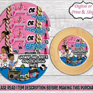 Beauty or Beats Charger Insert-Beauty or Beats Gender Reveal Party-Beauty or Beats Chip Bag-Find&#39;n Out Chip Bag-Beauty or Beats