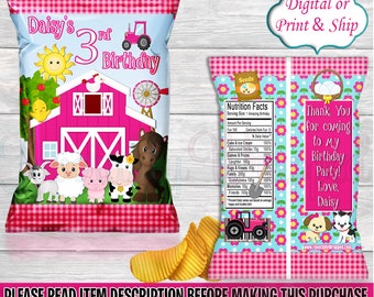 May include: A custom chip bag design for a 3rd birthday party. The front features a pink barn, farm animals, and the text "Daisy's 3rd Birthday." The back includes a thank you message and nutrition facts. The bag is decorated with a pink and white gingham pattern.