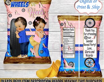 May include: A pink and blue gender reveal party favour bag with a tyre and high heel design. The bag features a cartoon boy and girl holding a tyre and a high heel. The text on the bag reads "Wheels or Heels".