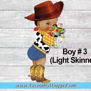 May include: A light-skinned boy dressed as a cowboy with a brown hat, blue jeans, and a yellow vest. He is holding a toy Buzz Lightyear from the Toy Story movie franchise. The text "Boy # 3 (Light Skinned)" is below the image.