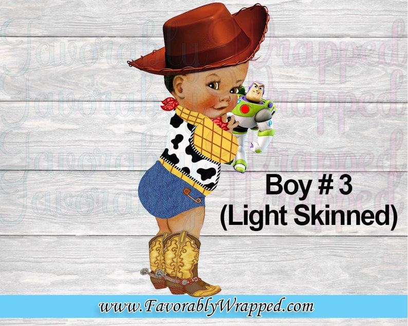 May include: A light-skinned boy dressed as a cowboy with a brown hat, blue jeans, and a yellow vest. He is holding a toy Buzz Lightyear from the Toy Story movie franchise. The text "Boy # 3 (Light Skinned)" is below the image.