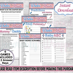 Könnte beinhalten: Sechs druckbare Babyparty-Spiele in einem rosa-blauen Farbschema. Die Spiele sind betitelt mit "What's in the Diaper Bag?", "Predictions and Advice", "Emoji Pictionary", "Who Said It? Mommy or Daddy", "Baby Word Scramble" und "Baby ABC".