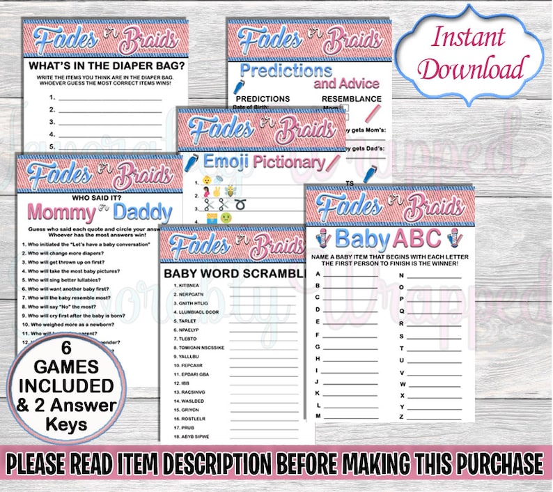 May include: Six printable baby shower games with a pink and blue color scheme. The games are titled "What's in the Diaper Bag?", "Predictions and Advice", "Emoji Pictionary", "Who Said It? Mommy or Daddy", "Baby Word Scramble", and "Baby ABC".