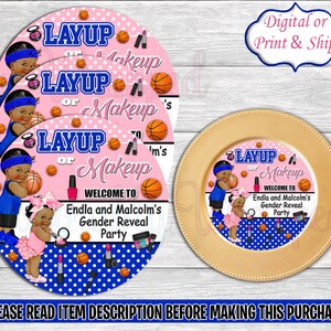 Layup or Makeup Charger Insert-Layup or Makeup Gender Reveal Party-Free Throws or Pink Bows Chip Bag-Free Throws or Purple Bows Chip Bag