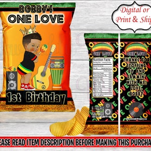 May include: A colorful chip bag design for a 1st birthday party. The bag features a cartoon baby wearing a crown and holding a maraca. The bag is decorated with musical instruments, a record player, and the words "Bobby's One Love".
