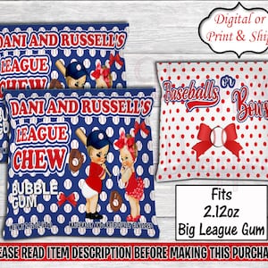 Baseball or Bows Big League Gum Wrappers-Baseball Gum Wrapper-Baseball Chip Bag-Sports Chip Bag-Baseball or Bows Gender Reveal-Gum Wrapper