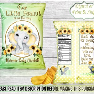 Sunflower Elephant Chip Bag-Our Little Peanut Baby Shower-Baby Elephant Baby Shower-Elephant Baby Shower-Our little Peanut Chip Bag