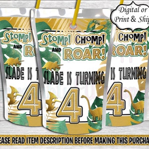 Stomp Chomp and Roar Juice Label-Stomp Chomp and Roar Chip Bag-Dinosaur Chip Bag-Dino Birthday-Dinosaur Decoration-Dinosaur Juice label