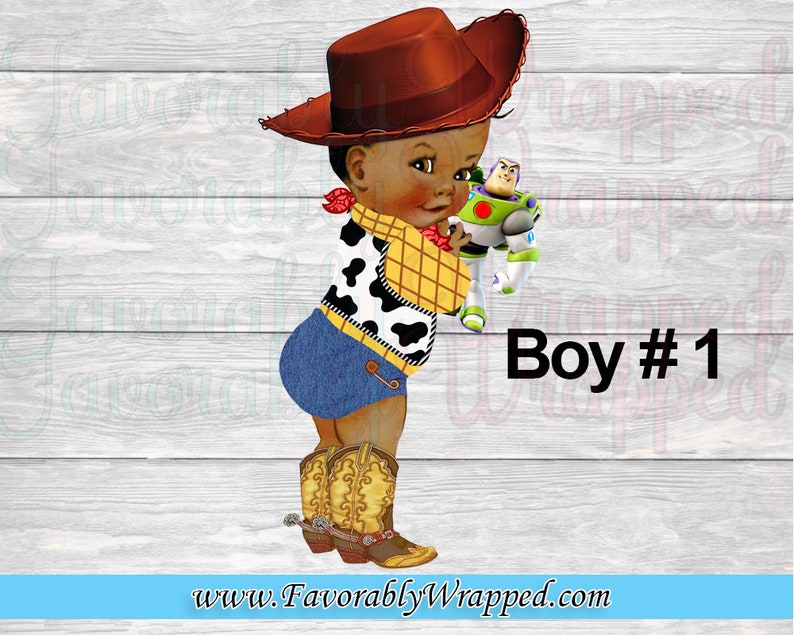 May include: A brown-skinned baby boy dressed as a cowboy with a brown cowboy hat, blue jeans, and a yellow and black plaid shirt. He is holding a toy Buzz Lightyear from the Toy Story movie franchise. The text "Boy #1" is written in black letters on a white background.