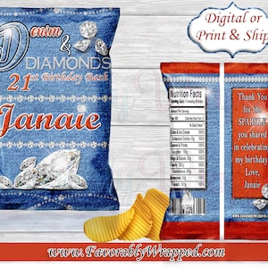 Denim and Diamonds 21st Birthday Chip Bag-Denim and Diamonds Chip Bag-Denim and Diamonds Treat Bags-Chip Bag-Denim and Diamonds Favor Bag
