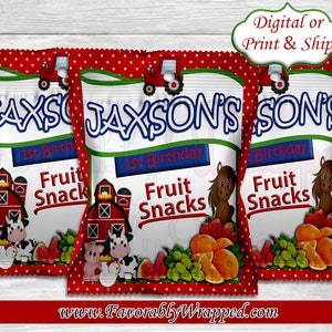 Barnyard Fruit Snacks-Farm Fruit Snack-Farm Birthday-Farm Party-Chip Bag-Favor Bags-Farm Favor Bags-Fruit Snack Wrappers-Animal Fruit Snacks