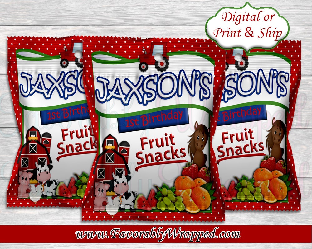 Barnyard Fruit Snacks-Farm Fruit Snack-Farm Birthday-Farm Party-Chip Bag-Favor Bags-Farm Favor Bags-Fruit Snack Wrappers-Animal Fruit Snacks
