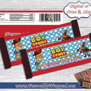 May include: Two red, white, and blue candy bar wrappers with a Toy Story theme. The wrappers feature a cartoon image of a cowboy baby and the text "It's a Boy Story Baby Shower". One wrapper says "Welcome Baby Kylen".