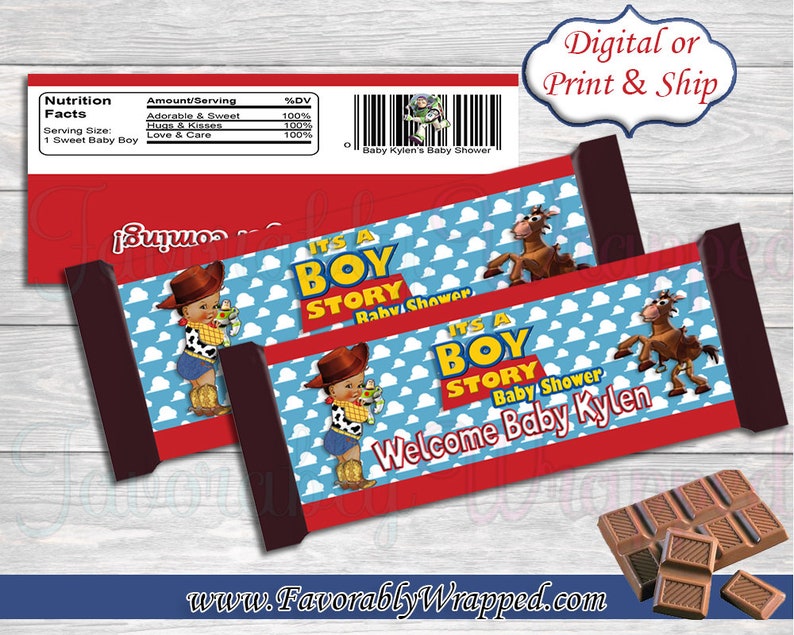 May include: Two red, white, and blue candy bar wrappers with a Toy Story theme. The wrappers feature a cartoon image of a cowboy baby and the text "It's a Boy Story Baby Shower". One wrapper says "Welcome Baby Kylen".