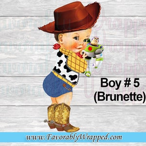 May include: A boy dressed as Woody from Toy Story, wearing a brown cowboy hat, a yellow vest with a red bandana, blue denim shorts, and brown cowboy boots. He is holding a Buzz Lightyear toy. The text "Boy # 5 (Brunette)" is below the image.
