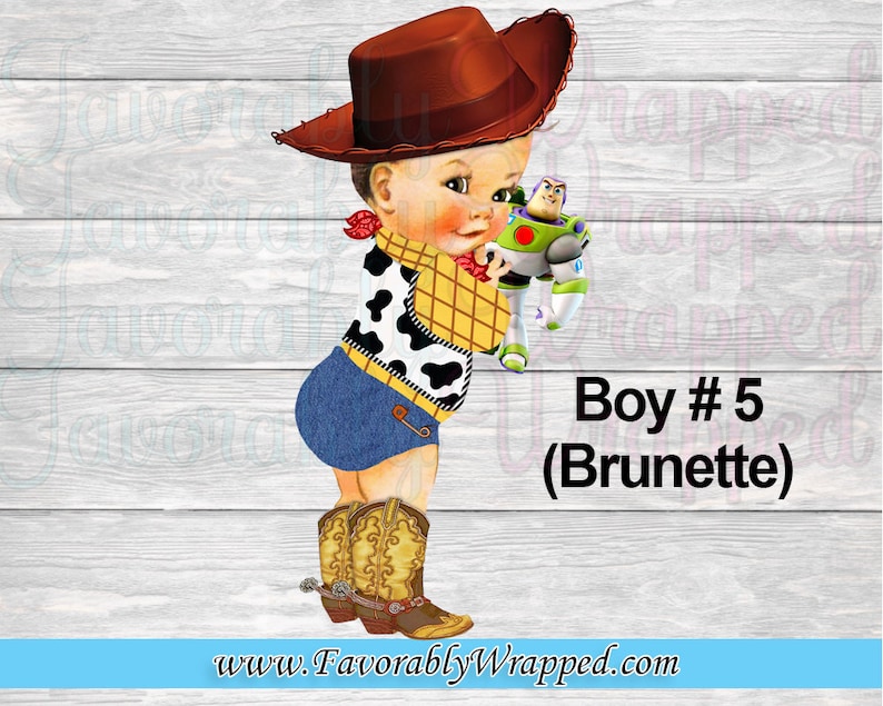 May include: A boy dressed as Woody from Toy Story, wearing a brown cowboy hat, a yellow vest with a red bandana, blue denim shorts, and brown cowboy boots. He is holding a Buzz Lightyear toy. The text "Boy # 5 (Brunette)" is below the image.
