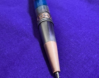 Maple Burl and blue resin ballpoint/gel pen in Art Deco / Celtic style