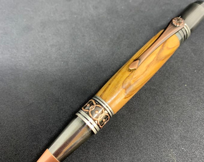 Antique Rose Copper Handcrafted ballpoint pen Art Deco Bethlehem Olive wood
