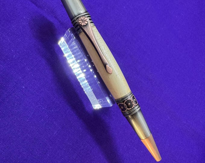 Rare Willow wood handmade pen in  celtic / art deco style. Beautiful anniversary gift Ballpoint pen  with rose copper and gunmetal fittings.