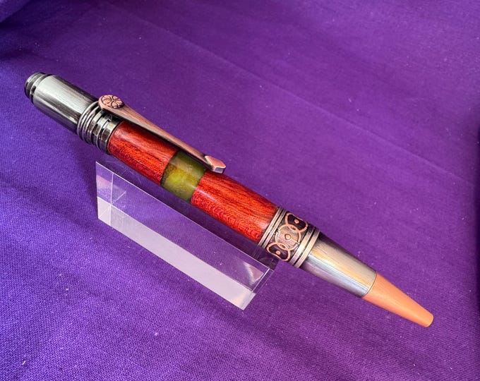 Handmade Bloodwood and green resin Ballpoint Pen: Celtic Art Deco Style