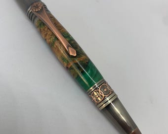 Maple Burl and green resin ballpoint pen in Art Deco / Celtic style
