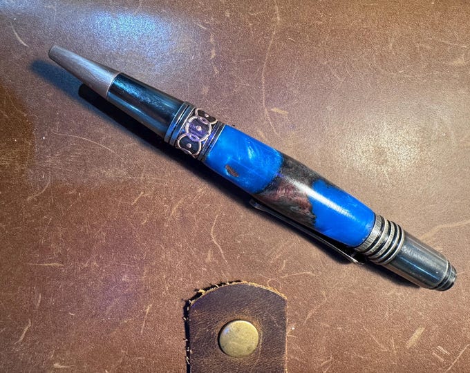 Maple Burl and blue resin ballpoint pen handcrafted with art deco and Celtic features