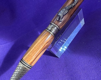 Dragon Pen, handcrafted from Italian Olive wood, ballpoint pen in antique polished bronze fitments