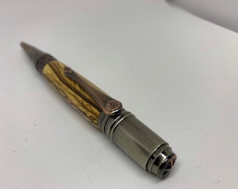 Handcrafted Art Deco Ballpoint Pen: Italian Olive Wood, Gunmetal & Rose Copper