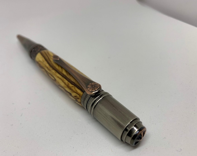 Handcrafted Art Deco Ballpoint Pen: Italian Olive Wood, Gunmetal & Rose Copper
