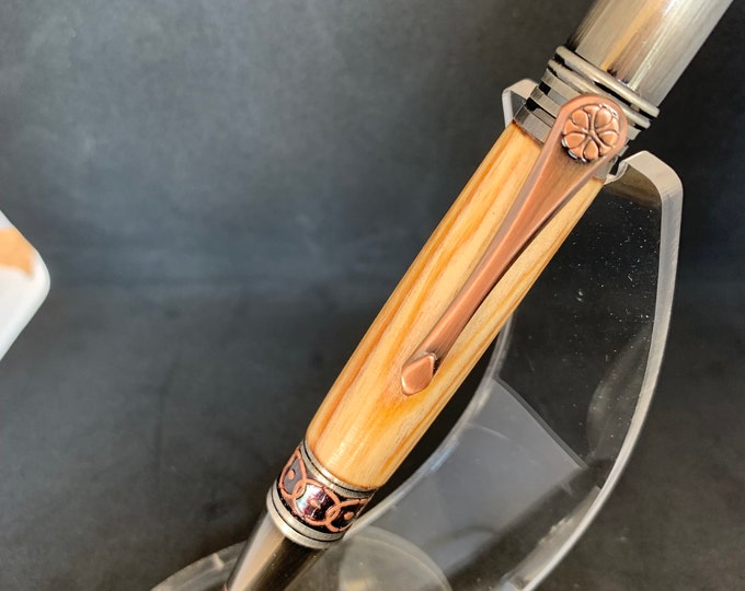 Extremely Rare 250 year old Scottish Caledonian Pine ballpoint pen in Celtic style with rose and copper fittings