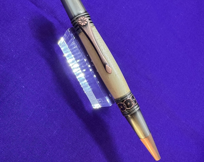 Rare Willow wood handmade pen in  celtic / art deco style. Beautiful anniversary gift Ballpoint pen  with rose copper and gunmetal fittings.