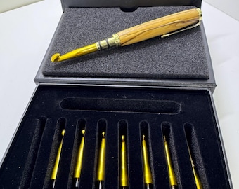 Bethlehem Olive Wood Crochet Hook Set: Gold Finish, Presentation Box