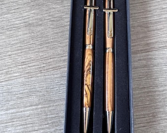 Bethlehem Olive Wood Pen and Pencil Set: Chrome Fittings, Presentation Box