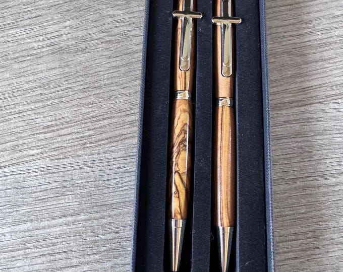 Bethlehem Olive Wood Pen and Pencil Set: Chrome Fittings, Presentation Box