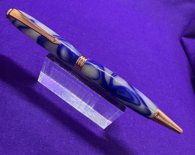 Handcrafted ballpoint resin ballpoint pen in Blue  and White swirls with copper finish