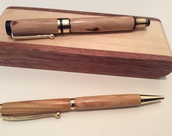 Handcrafted Cherry fountain and ballpoint pen set with Maple and Rosewood Box