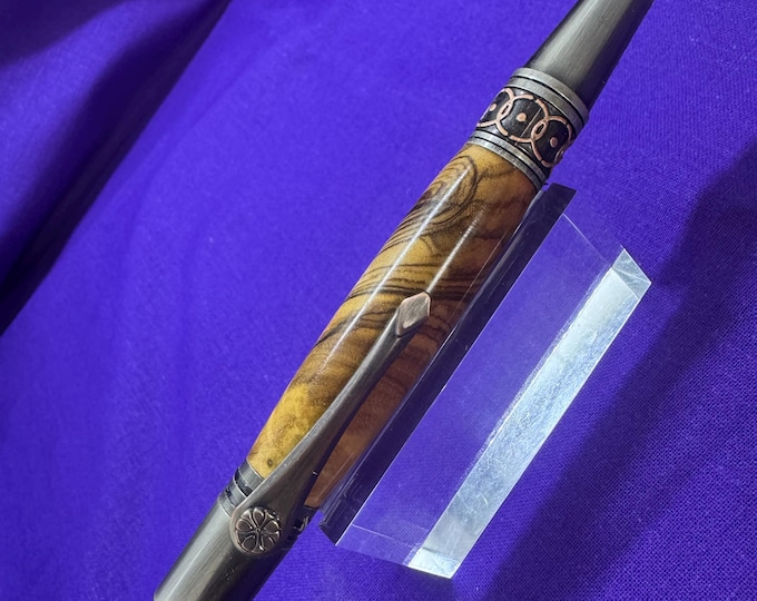 Handcrafted Art Deco Ballpoint Pen: Italian Olive Wood, Gunmetal & Rose Copper-click action