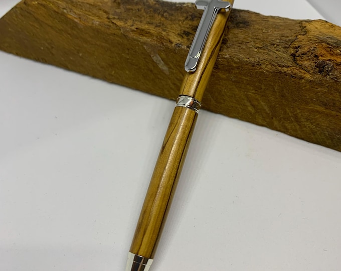 Handcrafted Bethlehem Olive Wood Ballpoint Pen with Silver Cross Clip