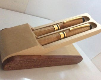 Matching Pair Handcrafted Cherry wood fountain pens in Rosewood and Maple Box